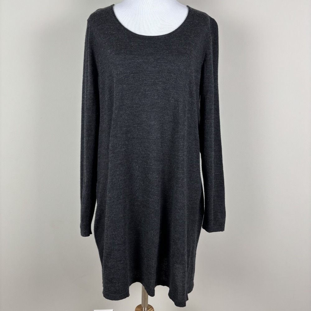 Eileen Fisher Tunic Sweater Womens PL Petite Large Gray Merino Wool Knit Classic